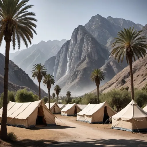 Prompt: I want realistic photo of mountains and date palmtrees and river and tents