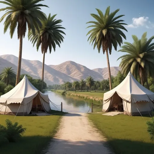 Prompt: I want realistic feeling scene with country side view having date palmtrees and tents and river