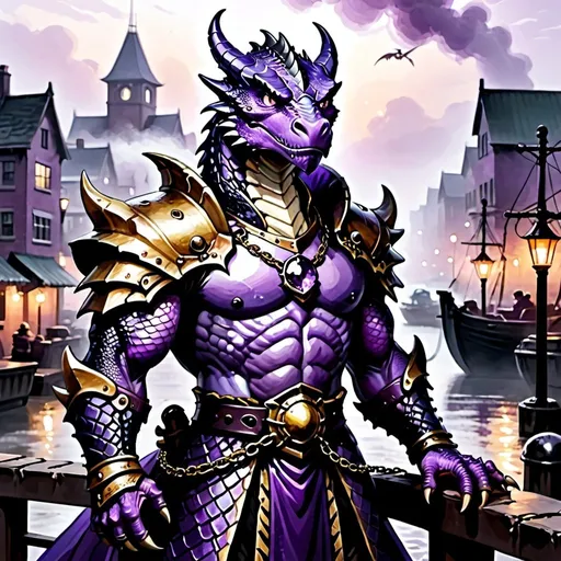 Prompt: Create an illustration of an Amethyst Dragonborn Fighter in a port city during dusk, shrouded in fog. The character is tall and muscular, with purple scales edged in black, exhibiting a gemstone-like texture. They have striking gold eyes. The Dragonborn is clad in lighter chain mail armor and wields a warhammer. A marking of a thieves guild is visible on their person. They are depicted in the industrial part of the town, working on a new cart with a determined expression. The background shows elements of the port city, such as warehouses, cranes, and docks, all bathed in the fading light of dusk and enveloped in a misty fog. No additional symbols, companions, or magical effects are present