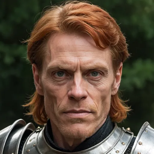 Prompt: A portrait of a medieval warrior. He has pointy ears, red hair, and he looks like Willem Dafoe. He wears a plate armor.