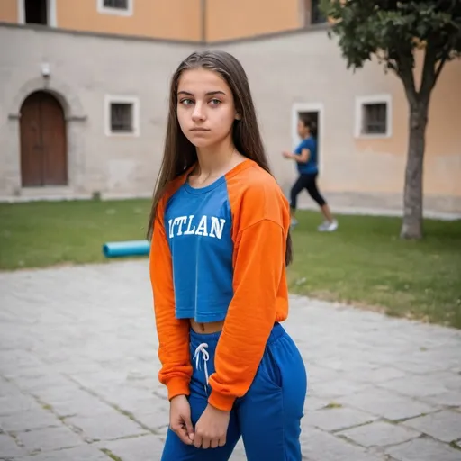 Prompt: An teenager girl  straight hair Italian inmate with orange t shirt and blue sweatpants in the courtyard during her workout doing exercise 