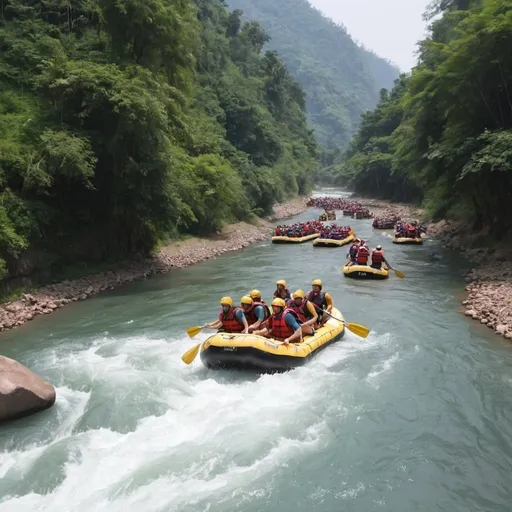 Prompt: People are enjoying rafting in the river. They are heading to waterfall.