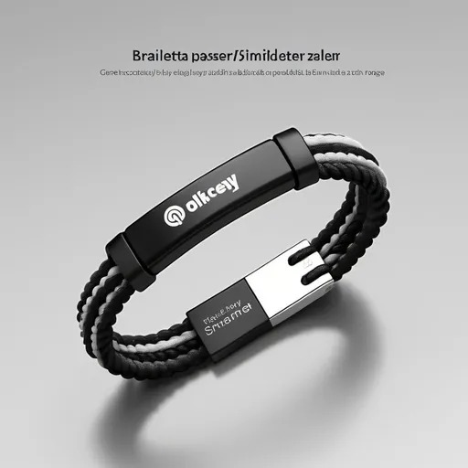 Prompt: 
create me a poster for a bracelet which can be tracked, the bracelet is like a jewellery, with a thickness of 5 mm, this bracelet also has a small tiny rope to pull for alarm, with a tech background,  use black white an grey
