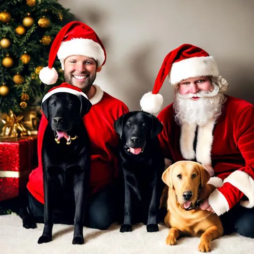 Prompt: One Black and  one golden labrador dog at Christmas with Santa hats