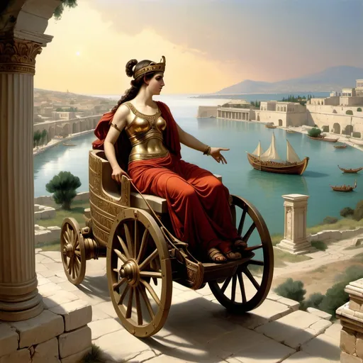 Prompt: a picture that demonstrates this: There was an ancient city, Carthage (settled by Tyrian colonists), facing Italy and the Tiber's mouth from afar, rich in wealth and fierce in pursuits of war. Juno is said to have cherished this one land above all others, even setting Samos aside. Here were her weapons, here was her chariot; if only the fates allowed, even then the goddess strove and nurtured that this might be the ruling power for all nations.

But she had heard that a race, descended from Trojan blood, would one day overturn the Tyrian citadels; from it, a people, kings broad in power and proud in war, would come to destroy Libya — so the Fates ordained.

Fearing this, Saturnia (Juno, daughter of Saturn), remembering the old war she had first waged at Troy for her dear Argos — and her reasons for anger and cruel griefs had not yet faded from her mind; deep within, the judgment of Paris remained, the insult to her slighted beauty, the hated race, and the honors seized by Ganymede.

Enraged by these things, she kept far off the Trojan remnants, tossed over all the seas, by the Greeks and fierce Achilles, from Latium. And they wandered for many years, driven by the fates around all the seas. So great was the effort required to found the Roman people.
