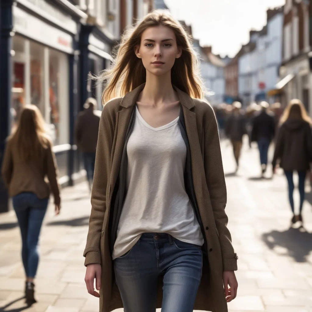 Prompt: Tall young woman walking down the high street, detailed clothing, realistic, natural lighting