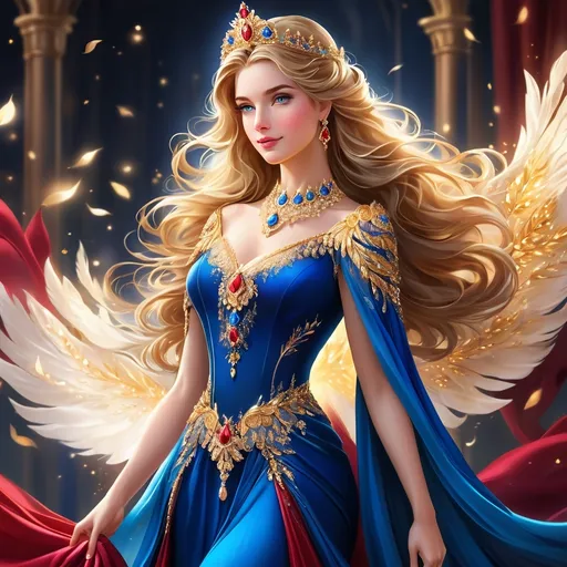 Prompt: Create a stunning and regal queen wearing an elegant, flowing dress with intricate details. Her dress should feature vibrant, rich colors like deep reds, royal blues, and gold, with ornate embellishments. She should have a graceful and charming appearance, with delicate facial features, glowing skin, and a serene yet confident expression. Her long, flowing hair should complement the dress, cascading down her shoulders. The background should be vibrant and artistic, incorporating beautiful elements such as glowing light or abstract floral designs to emphasize her royal elegance.