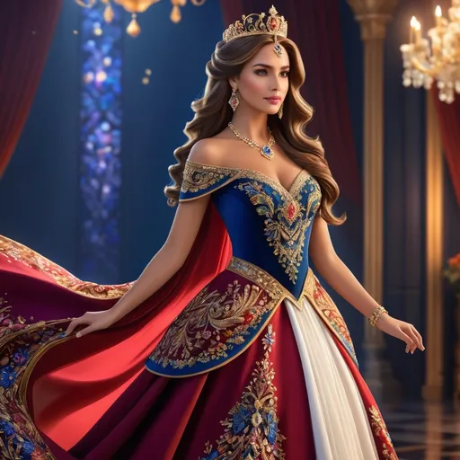 Prompt: Create a stunning and regal queen wearing an elegant, flowing dress with intricate details. Her dress should feature vibrant, rich colors like deep reds, royal blues, and gold, with ornate embellishments. She should have a graceful and charming appearance, with delicate facial features, glowing skin, and a serene yet confident expression. Her long, flowing hair should complement the dress, cascading down her shoulders. The background should be vibrant and artistic, incorporating beautiful elements such as glowing light or abstract floral designs to emphasize her royal elegance.