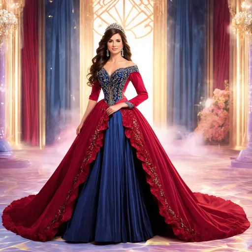 Prompt: Create a stunning and regal queen wearing an elegant, flowing dress with intricate details. Her dress should feature vibrant, rich colors like deep reds, royal blues, and gold, with ornate embellishments. She should have a graceful and charming appearance, with delicate facial features, glowing skin, and a serene yet confident expression. Her long, flowing hair should complement the dress, cascading down her shoulders. The background should be vibrant and artistic, incorporating beautiful elements such as glowing light or abstract floral designs to emphasize her royal elegance.