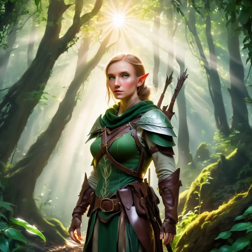 Prompt: Elf ranger in a mystical forest around sunlight