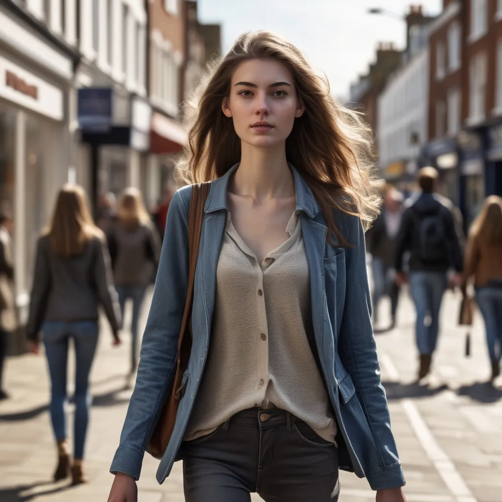 Prompt: Tall young woman walking down the high street, detailed clothing, realistic, natural lighting