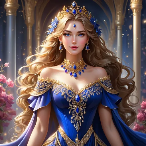 Prompt: Create a stunning and regal queen wearing an elegant, flowing dress with intricate details. Her dress should feature vibrant, rich colors like deep reds, royal blues, and gold, with ornate embellishments. She should have a graceful and charming appearance, with delicate facial features, glowing skin, and a serene yet confident expression. Her long, flowing hair should complement the dress, cascading down her shoulders. The background should be vibrant and artistic, incorporating beautiful elements such as glowing light or abstract floral designs to emphasize her royal elegance.