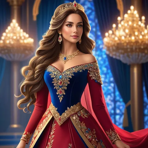 Prompt: Create a stunning and regal queen wearing an elegant, flowing dress with intricate details. Her dress should feature vibrant, rich colors like deep reds, royal blues, and gold, with ornate embellishments. She should have a graceful and charming appearance, with delicate facial features, glowing skin, and a serene yet confident expression. Her long, flowing hair should complement the dress, cascading down her shoulders. The background should be vibrant and artistic, incorporating beautiful elements such as glowing light or abstract floral designs to emphasize her royal elegance.