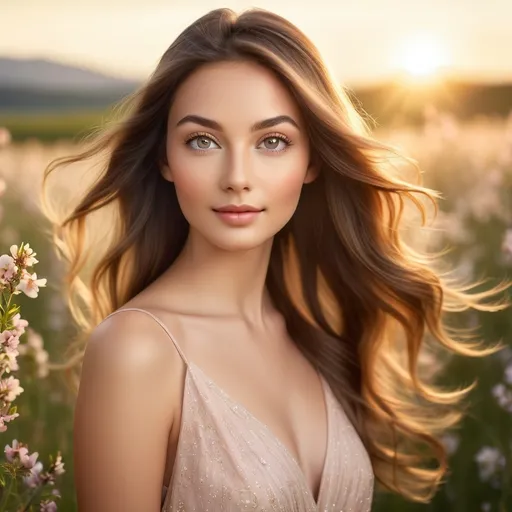 Prompt: A beautiful young woman with smooth, radiant skin, large almond-shaped eyes, long eyelashes, and full lips. Her face is slightly tilted with a soft smile, giving a serene and elegant expression. Long, flowing hair cascading down her shoulders, slightly wavy with a natural shine, light brown in color, catching the light. Wearing a soft, flowing dress in pastel colors, standing in a natural pose with grace. The dress is slightly blowing in the breeze. Standing in a sunlit meadow with flowers blooming, surrounded by a soft, golden light from the setting sun. Realistic, high-resolution, cinematic style with attention to detail, capturing a soft, natural beauty.