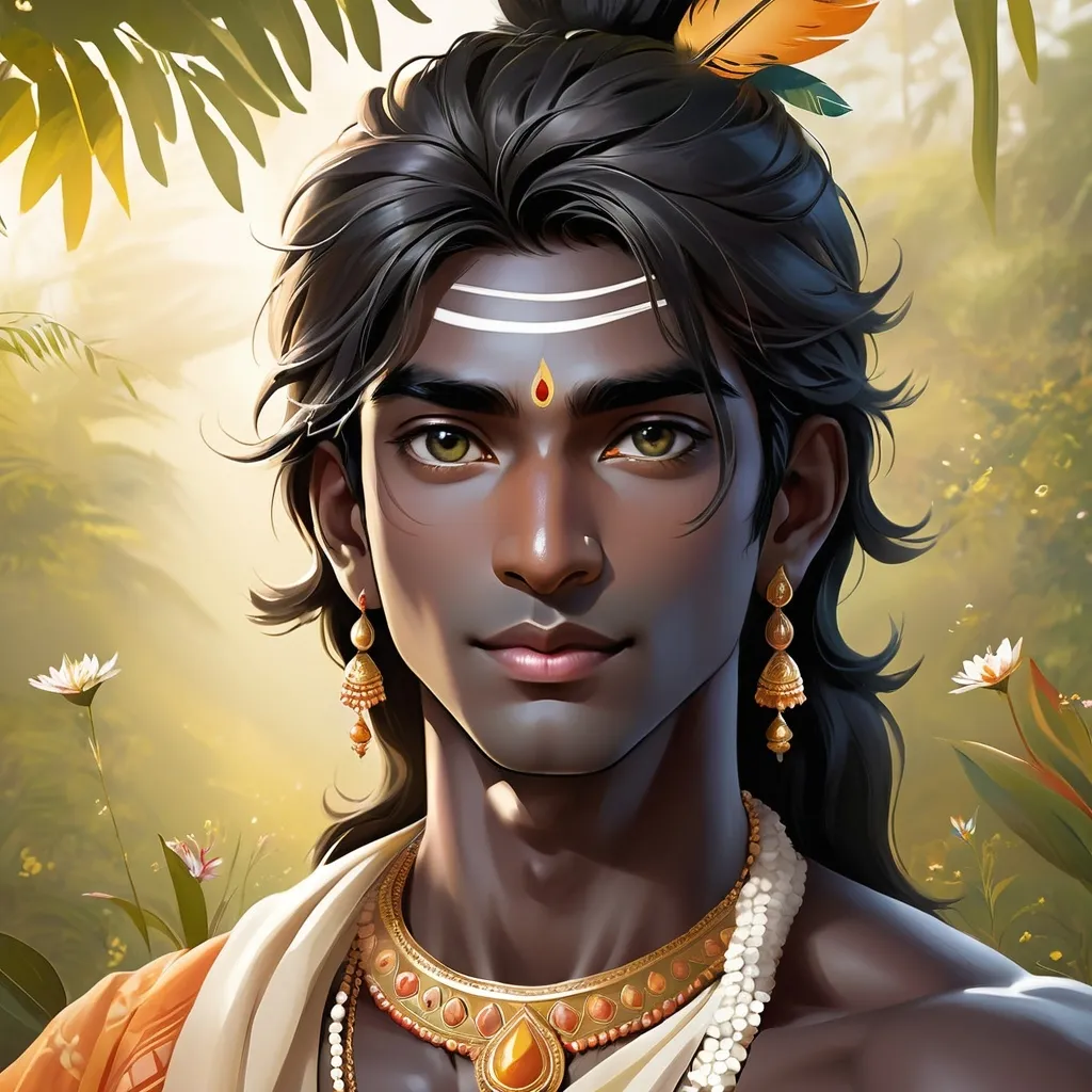 Prompt: Character Description:
"Create an image of Lord Krishna in his youth, with jet-black skin, handsome and charming, with a lean and non-muscular appearance. His face should be clean-shaven with soft, rounded features and a cute, approachable look. His eyes and nose should be gentle and not pointed, with an expression of warmth and divine charm."

Attire:
"Dress him in traditional Indian attire with soft colors, adorned with minimal jewelry to highlight his divine yet youthful grace."

Background:
"Place him in a serene, natural setting, such as a peaceful forest or meadow, with soft lighting to enhance his charm and emphasize his divine presence."