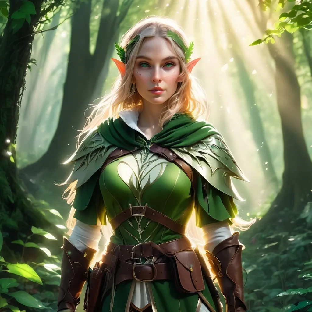 Prompt: Elf ranger in a mystical forest around sunlight