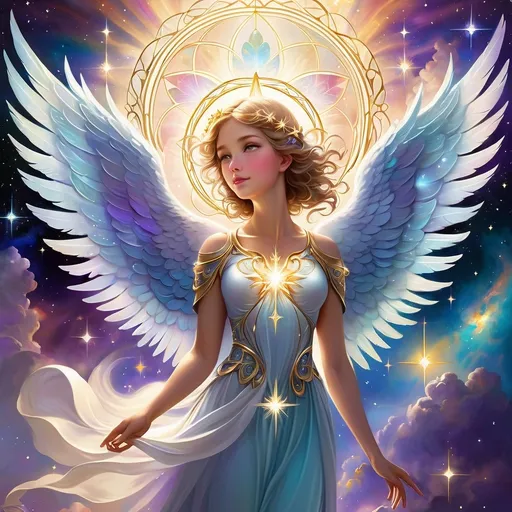 Prompt: Angel Appearance: "A celestial being with ethereal beauty, adorned with shimmering wings and a halo. The angel should have a radiant, almost otherworldly glow."
Wing Details: "Intricate, feathered wings that resemble clouds or stained glass. The feathers should be iridescent and shimmer in various colors."
Cosmic Background: "A vast, star-filled sky with swirling nebulae and galaxies. The background should be filled with vibrant, cosmic colors and a sense of infinite space."
Divine Aura: "A soft, luminous aura surrounding the angel, creating a sense of holiness and purity."
Expressive Eyes: "Eyes that convey wisdom, compassion, and a connection to a higher power."
Angel's Mission: "An angel descending from the heavens on a divine mission. The angel's expression should convey a sense of purpose and determination."
Angelic Encounter: "A human meeting an angel face-to-face. The angel should exude a calming presence and offer guidance or inspiration."
Celestial Harmony: "The angel surrounded by other celestial beings, creating a scene of harmony and unity."
Angelic Transformation: "The angel undergoing a transformation, revealing a hidden aspect of their divine nature."
Emotional Connection: "The angel expressing a deep emotion, such as love, joy, or sorrow."
Art Style: "A combination of Baroque, Renaissance, and Art Nouveau styles for a timeless and elegant aesthetic."
Color Palette: "Vibrant, celestial colors like gold, silver, blue, and purple. Consider using complementary colors for a visually striking effect."
Mood: "A sense of peace, serenity, and divine inspiration."
Symbolism: "Incorporate symbolic elements like stars, clouds, and halos to enhance the celestial theme."