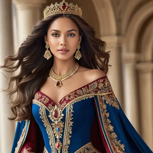 Prompt: Create a stunning and regal queen wearing an elegant, flowing dress with intricate details. Her dress should feature vibrant, rich colors like deep reds, royal blues, and gold, with ornate embellishments. She should have a graceful and charming appearance, with delicate facial features, glowing skin, and a serene yet confident expression. Her long, flowing hair should complement the dress, cascading down her shoulders. The background should be vibrant and artistic, incorporating beautiful elements such as glowing light or abstract floral designs to emphasize her royal elegance.