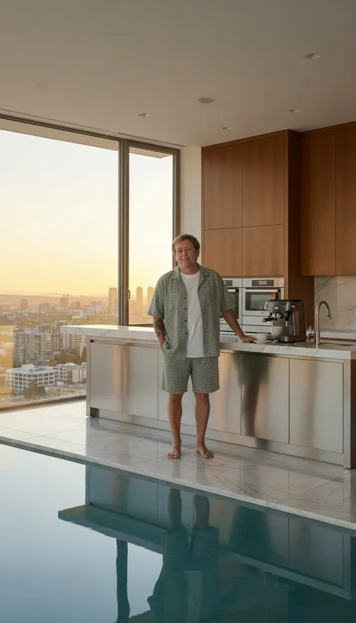 Prompt: MR AJ standing at the kitchen island bench, next to the coffee station, not near the pool and not stepping into any water. He is positioned safely on the kitchen floor beside the island bench, preparing to make a coffee.

Use Image Reference 1 as the exact face and head reference — same facial structure, skin tone, hairline, age, expression style.
Use Image Reference 2 as the exact body reference — same body proportions, posture, height, stance.
Use Image Reference 3 as the exact kitchen environment reference — same luxury interior, layout, lighting, materials, background, pool placement unchanged and locked.
Use Image Reference 4 as the exact clothing reference — identical outfit, fabric, fit, colors, and styling.

MR AJ appearance:

No tattoos anywhere on arms, hands, or body

Happy, calm, relaxed facial expression

Natural posture, standing comfortably

Looking slightly toward the coffee station

Scene details:

Coffee machine on the island bench

A cup and saucer placed on the coffee maker

Kitchen island bench clearly visible

Pool remains in the background exactly as in reference but MR AJ is not near it

No changes to room style, furniture, lighting, reflections, or architecture

Camera:

Medium close-up shot (not wide, not far away)

Framed from mid-torso up to head

Camera remains level and straight

No dramatic angles, no zoom distortion

Strict constraints:

Identity fully locked

Face must not change

Body proportions must not change

Clothing must not change

Background must not change

No added objects, no removed objects

No stylization, no artistic interpretation

Photorealistic, natural lighting only