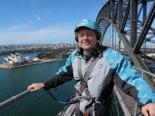 Prompt: Same person as Reference Image 1 (Mr AJ), exact same face, age, hairstyle, body proportions, and identity. Place Mr AJ into the exact scene shown in Reference Image 2, standing on top of the Sydney Harbour Bridge during the official BridgeClimb experience. Mr AJ is wearing authentic BridgeClimb safety gear including the harness, climbing suit, cap, headset, and safety lines, matching the style and fit of the scene.

Facial expression must match the established Mr AJ character profile: friendly, approachable, calm confidence, natural relaxed smile (not exaggerated, not hype-driven). No personality or facial style change. Mr AJ is standing naturally, holding the safety railing, looking outward over Sydney Harbour.

Background must clearly show Sydney Harbour, the Sydney Opera House, and the surrounding city skyline from the same elevated angle as the reference image. Bright daytime lighting, clear sky, realistic depth and perspective.

Fully preserve facial identity from Reference Image 1 and scene composition, camera angle, height, and environment from Reference Image 2. Photorealistic, high detail, realistic human skin texture, natural proportions, seamless integration, authentic scale.

Negative prompt: different person, face change, exaggerated smile, hype expression, younger face, older than 50, model face, sharp jawline, muscular body, slim fashion model, incorrect clothing, missing safety gear, altered harness, fantasy outfit, cartoon, anime, illustration, CGI look, plastic skin, over-smoothed skin, beauty filter, distorted body, extra limbs, incorrect hands, unrealistic lighting, neon colors, fantasy environment, incorrect scale, floating subject.