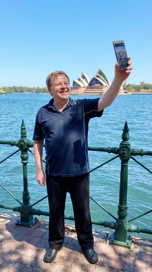 Prompt: he is standing in a background of the opera house with green cast iron fence. He is standing behind the green cast iron fence. He is taking a selfie with his google pixel pro in his right and and he is smiling 
