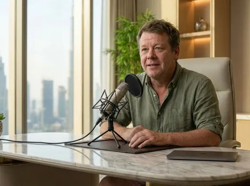 Prompt: MR AJ is shown in a close-up shot while seated at a table in a luxury office.

Use Image 5 as the close-up framing and microphone placement reference — the microphone is mounted on a tripod stand and positioned next to MR AJ’s mouth, clearly visible and correctly aligned, without blocking his face.

Use Image 1 as the facial identity and expression reference — MR AJ’s face must remain exactly the same, including face shape, skin tone, eye shape, nose, lips, jawline, hairline, and age. Expression remains calm with a subtle smile, teeth barely visible. Identity must be fully locked with no facial changes.

Use Image 2 as the clothing style reference — MR AJ is wearing the exact same clothing style with identical fit, fabric, colors, proportions, and styling.

MR AJ is looking slightly past the camera, not directly into the lens. Posture is relaxed and natural, seated at the table.

The environment remains a luxury office with modern design and premium finishes. The background is softly visible with large windows revealing a Dubai city skyline, kept realistic and undistorted.

Camera is close-up (head-and-shoulders framing), diagonal three-quarter angle. Camera remains static with no zoom or tilt.

Lighting is soft natural daylight, evenly balanced, with realistic highlights and shadows. Skin tones remain natural and accurate.

Ultra-photorealistic, clean cinematic realism. No stylization, no cartoon effects, no painterly textures.

No facial distortion, no body reshaping, no motion blur, no artifacts, no text, no logos, no watermark, no extra people.