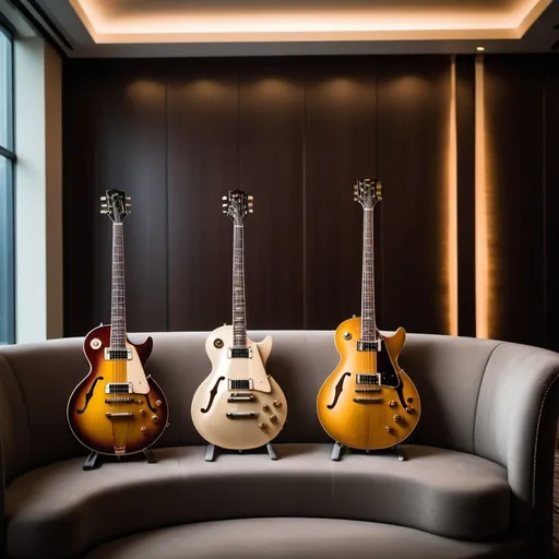 Prompt: 3 normal sized guitars - les paul, a gibson acoustic and a hoffner bass - resting on a modern sofa in an exlusive luxury lobby with sleek modern simple rounded archetecture and moody lighting