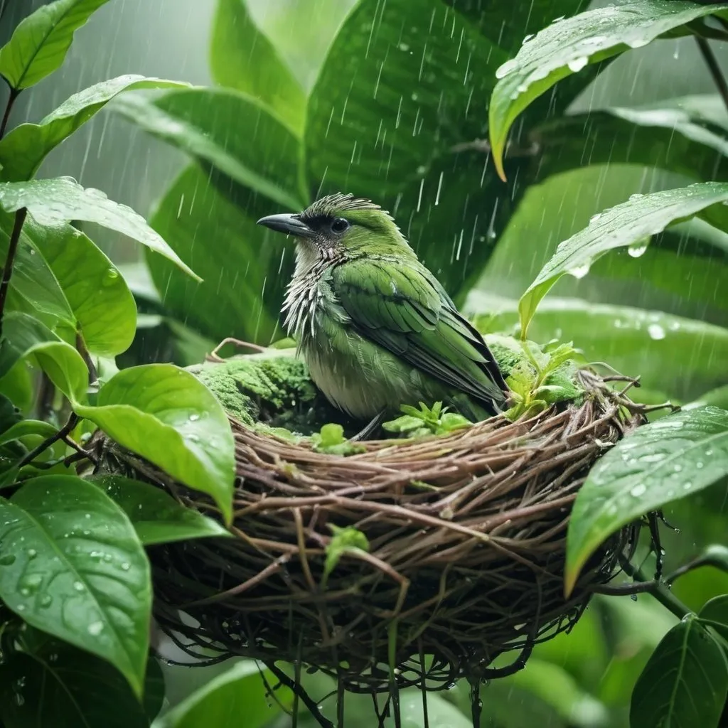 Prompt: Bird sitting on a nest in a plant under a leaf, it's raining, green tones