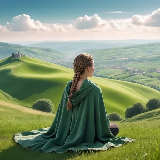 Prompt: A woman with light brown hair in a single braid is wearing a long cloak and is sitting in meditation on a green hilltop