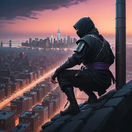 Prompt: A ninja is crouching on the top of the tallest tower in Brooklyn, looking out over the city, graphic art, twilight colors, a quiet moment above the noise