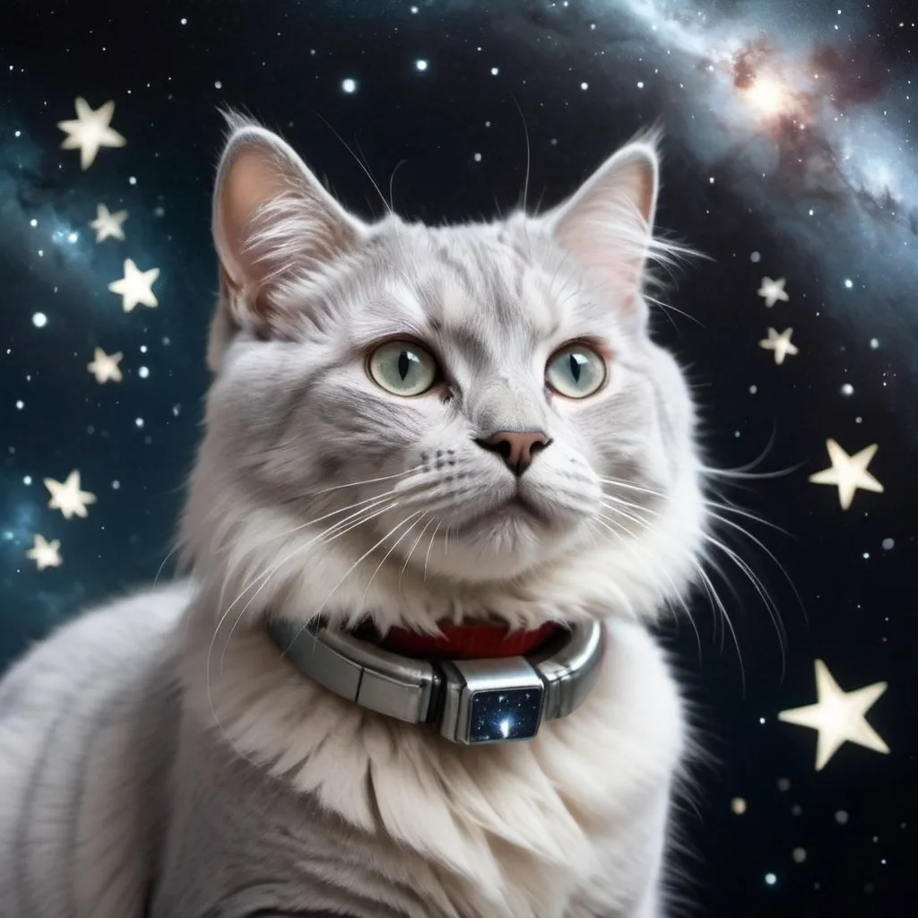 Prompt: a silver cat in space surrounded by stars, full of wonder