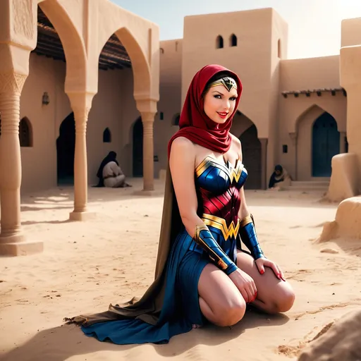 Prompt: Taylor Swift, wearing hijab, dressed as wonder woman, kneeling on ground in medieval Arabian village, smiling, perfect composition, photorealistic, natural lighting