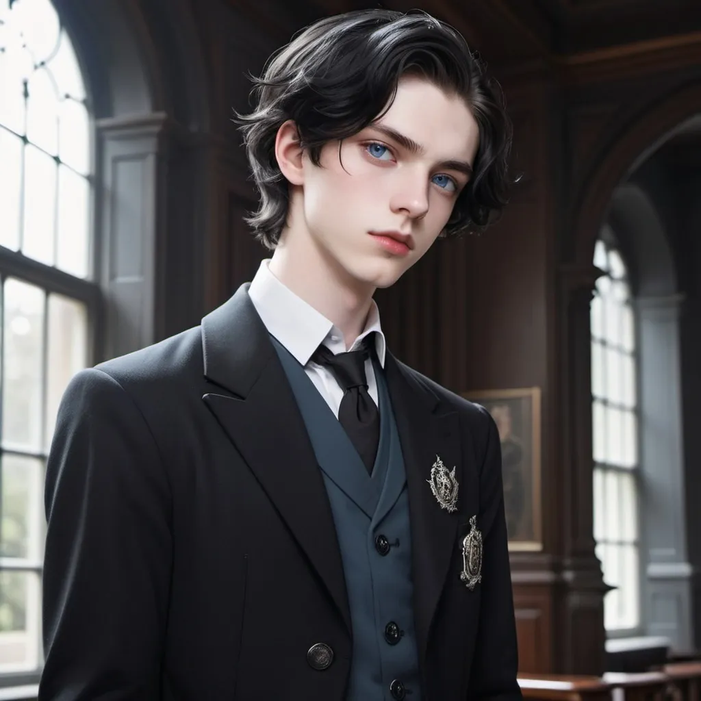 Prompt: Boy, pale skin, icy blue eyes, black hair in a blow out, rich aesthetic, dark academia, rich, elegant, Pinterest, school uniform, in a fancy dark academia private school