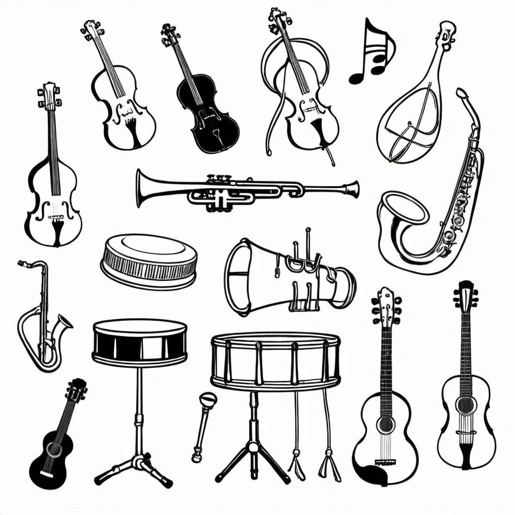 Prompt: Musical instruments for children to color age 1 to 4 