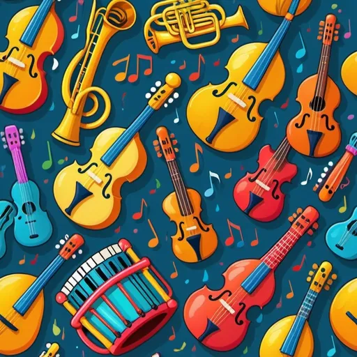 Prompt: Colorful, cartoon-style illustration of musical instruments for children, vibrant and playful colors, happy and joyful atmosphere, high quality, kid-friendly, musical instruments, cartoon style, vibrant colors, playful, happy atmosphere, child-friendly, educational, fun, easy to color, detailed illustration