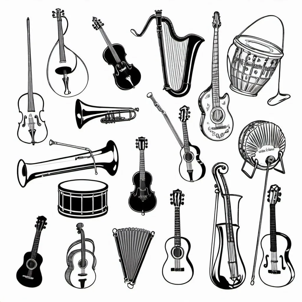 Prompt: Musical instruments for children to color age 1 to 4 