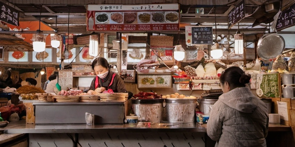 Prompt: a woman standing at a counter gwajang market  with a man behind her looking at food