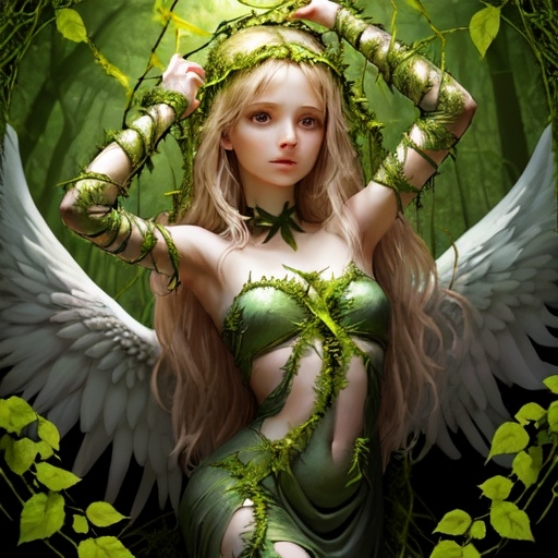 Prompt: Angel lands in forest with vines wrapped around her wrists.  But she is in control