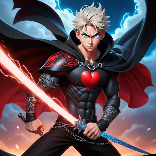 Prompt: "Anime character, tall muscular male (18 years old), piercing blue eyes, long black cape with red inner lining floating in the wind, glowing sword made of sound waves, flying in the night sky, tribal heart tattoo with chains on his right hand, dynamic pose like attacking mid-air, dark fantasy style like Berserk or Demon Slayer, highly detailed, dramatic lighting"  