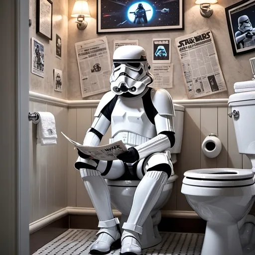 Prompt: Star Wars StormTrooper on the Toilet reading Star Wars News


