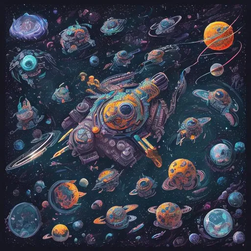 Prompt: Visualize the Otterverse as a vibrant and colorful cosmos, teeming with celestial bodies, swirling gas clouds, and shimmering stars. The Oterian spacecraft are adorned with intricate patterns and symbols, reflecting their cultural heritage and technological prowess. Space guns emit dazzling bursts of energy, lighting up the darkness of space with their radiant glow.