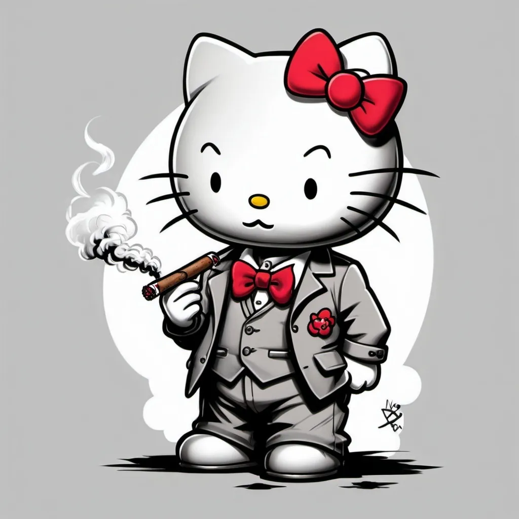 Prompt: Hello kitty smoking a cigar in a suiy Walt Disney drawing style 2d