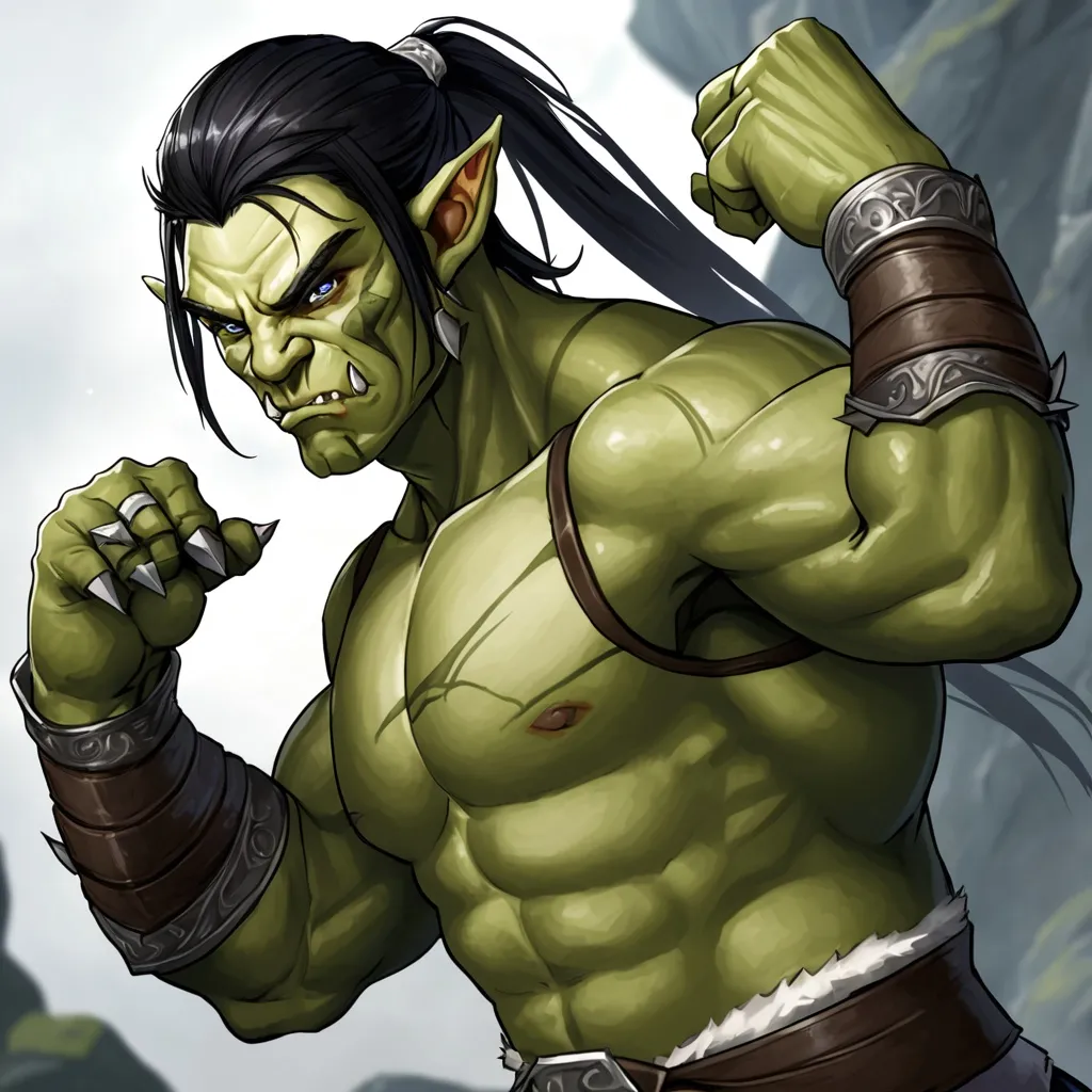 Prompt: Elf-Orc,ponytail black hair,blue eyes,unarmed fighter,handsome