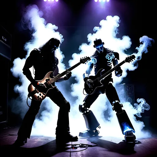Prompt: two characters one man and one robot, Realistic illustration of a heavy metal guitarist on the left, powerful solo, robotic guitarist on the right, powerful solo, smoky club setting, smoke rising from the floor, stage with smoke and black light in the background, realistic style, detailed, high quality, powerful solos, heavy metal, robotic, smoky atmosphere, black light, stage setting
