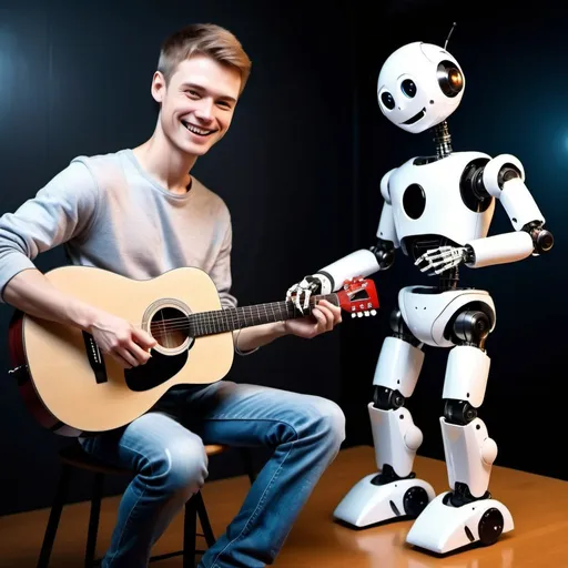 Prompt: A human male with smile in your face teaching a robot to play the guitar, a robot playing guitar, realistic photo , motion, inspirational