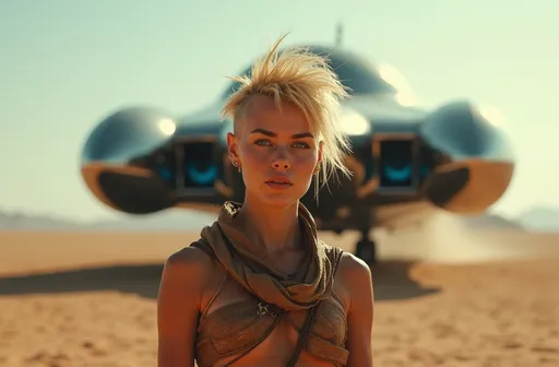 Prompt: "A hyperrealistic wide-angle shot of a cave woman with a blonde pixie cut, shaved on one side and wildly tousled on the other, standing in the foreground of a vast alien desert. Behind her, a sleek, chrome-plated spaceship towers, its hull reflecting the light of twin setting suns. Capture this with an 8K digital cinema camera using anamorphic lenses to create a cinematic widescreen effect. Use practical lighting and subtle compositing to blend the harsh shadows of the desert with the cool blue glow emanating from the ship's propulsion systems. Focus on the contrasting textures: the woman's weathered skin and primitive leather garments against the smooth, futuristic surface of the spacecraft."