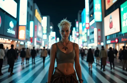 Prompt: "A hyperrealistic wide-angle shot of the cave woman with her distinctive blonde pixie cut (shaved on one side, wild on the other) standing in the middle of a busy Tokyo intersection during the famous Shibuya Crossing at night. Capture this with an ultra-high resolution camera at f/8 to ensure sharpness across the entire scene. The subject should be in the foreground, her primitive attire and rugged physicality contrasting sharply with the sleek, fashion-forward pedestrians crossing around her. Use a slightly slower shutter speed to create motion blur in the crowd and passing vehicles, emphasizing her stillness amidst the chaos. Employ precise lighting to highlight the texture of her skin and clothing, while allowing the neon signs and giant video screens to provide colorful rim lighting. The wet pavement should reflect the myriad of lights, creating a mirror-like effect that doubles the visual complexity."