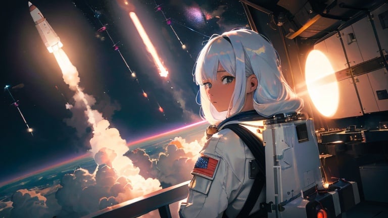 Prompt: 20-year-old girl with white hair, wearing a light astronaut uniform, watching behind her a rocket taking off into outer space, point of view from the back, soft ambient lighting, vibrant colors, rocket launch station, dusk, masterpiece, detailed, clouds, sky, professional, highres, vibrant colors, detailed hair, outer space, ambient lighting