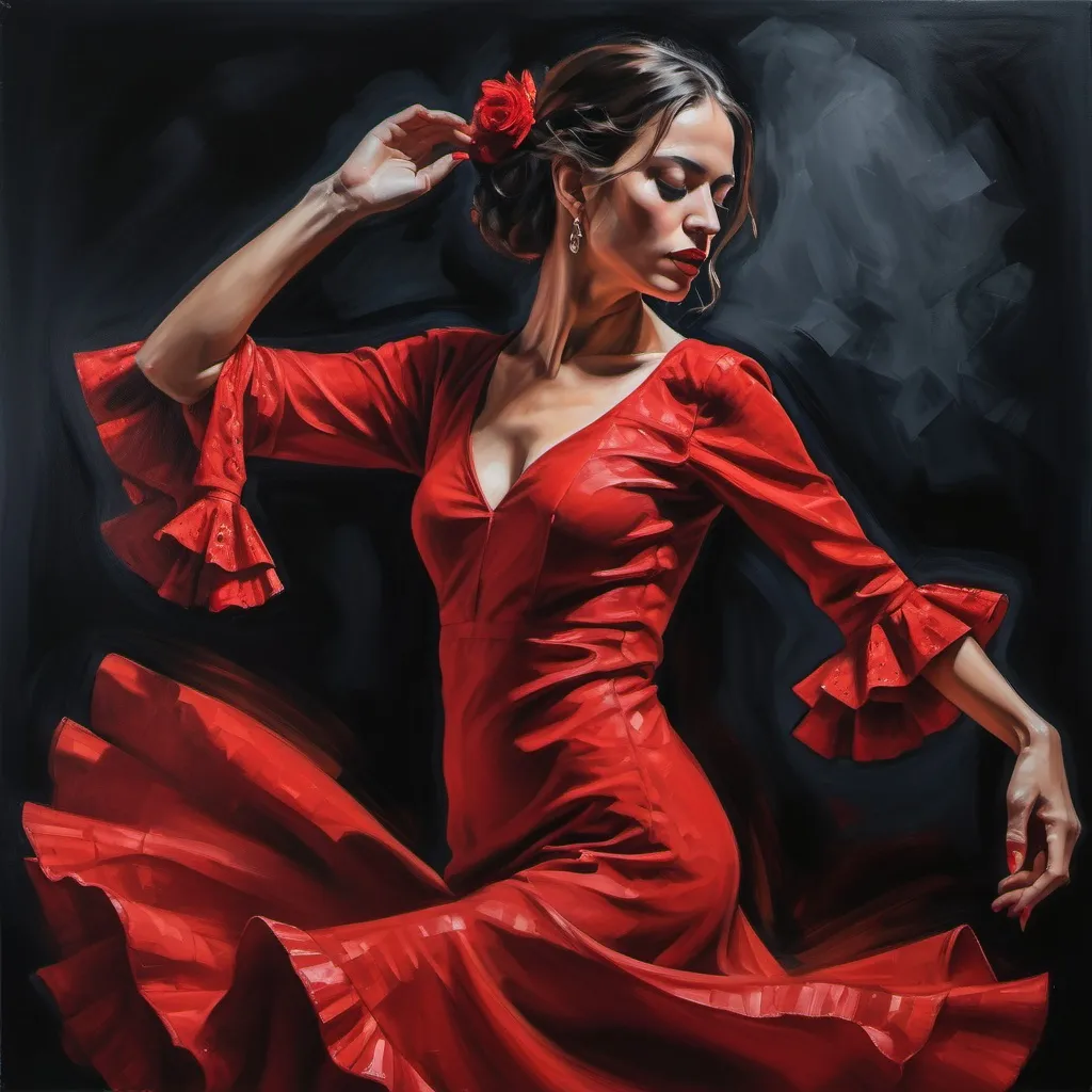 Prompt: oil painting portrait of a beautiful and sensual female flamenco dancer in red dress dancing gracefully, dark minimalist background, detailed face features, background space around her