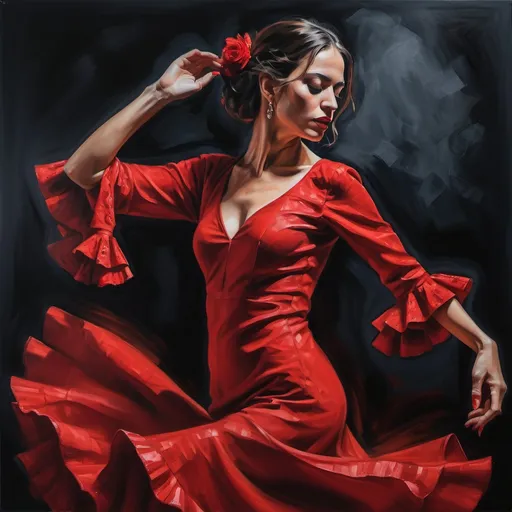 Prompt: oil painting portrait of a beautiful and sensual female flamenco dancer in red dress dancing gracefully, dark minimalist background, detailed face features, background space around her